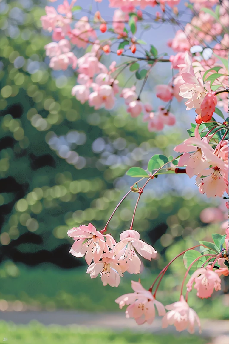 haitang,no humans,flower,blurry,still life,blurry background,outdoors,depth of field,scenery,signature,day,pink flower,branch,leaf,<lora:haitangsaibo:0.9>,