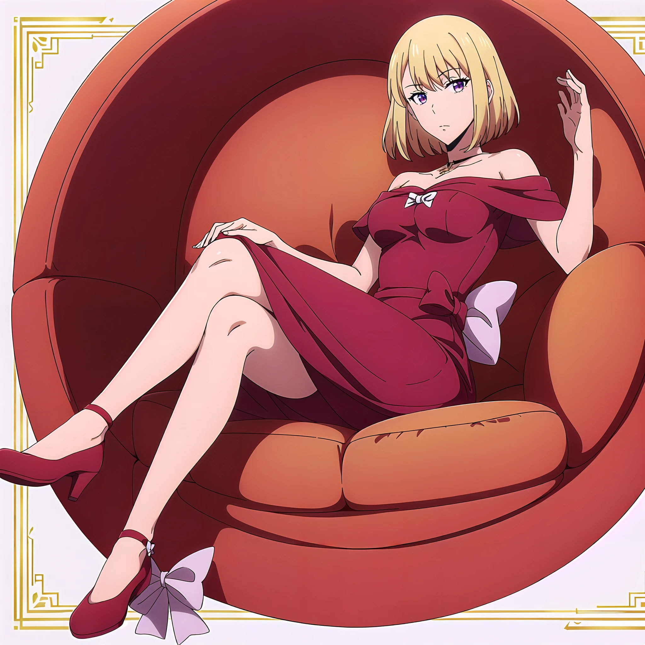 <lora:cha:0.75> cha, 1girl, solo, breasts, looking at viewer, short hair, blonde hair, dress, bow, sitting, purple eyes, choker, red dress, crossed legs, red footwear