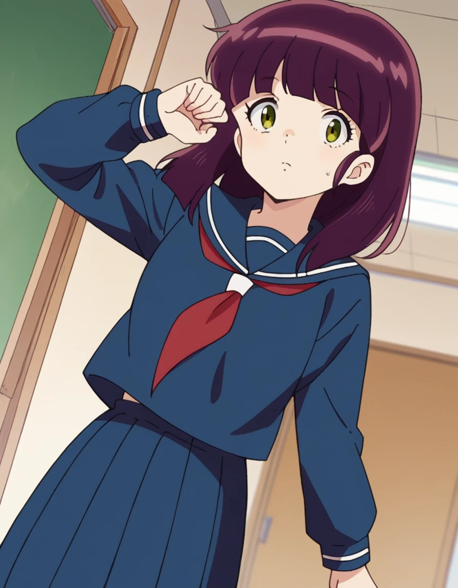 score_9, score_8_up, score_7_up, source_anime,
shinobumiyake, <lora:shinobu-miyake-ponyxl-lora-nochekaiser:1>,
shinobu miyake, long hair, bangs, purple hair, green eyes,
shirt, long sleeves, school uniform, serafuku, sailor collar, neckerchief, red neckerchief, shirt, blue shirt, blue sailor collar, blue skirt,
indoors, classroom, hallway,
looking at viewer, cowboy shot, dutch angle, dynamic pose,