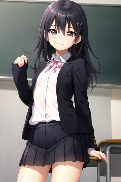 ((masterpiece)),(best quality),official art,extremely detailed CG,unity 8k wallpaper,ultra detailed,beautiful detailed eyes,extremely detailed face,classroom,1girl,solo,cowboy shot,looking at viewer,facing viewer,smile,(petite:1.3),Hinada Asami,long hair,black hair,hair ornament,sidelocks,hair between eyes,brown eyes,school uniform,blazer,black jacket,pink ribbon,white shirt,collared shirt,sleeves past wrists,long sleeves,medium breasts,black dress,pleated skirt,black socks,uwabaki,<lora:Hinada Asami(sk):0.9>,