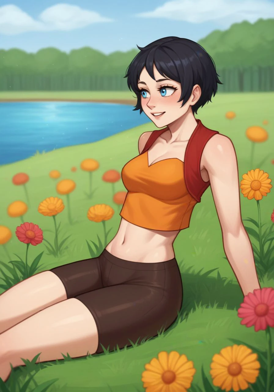 score_9, score_8_up, score_7_up, BREAK, 1girl, <lora:ke4n3PPG:0.8> ke4n3PPG, short hair, black hair, hair bob, blue eyes, happy expression, on grass, reclining, side view, (red vest:1.2), strapless orange top, navel, sunning, brown bike shorts, red slip-ons, vast field of flowers, rolling hills, river, dandelion seeds,