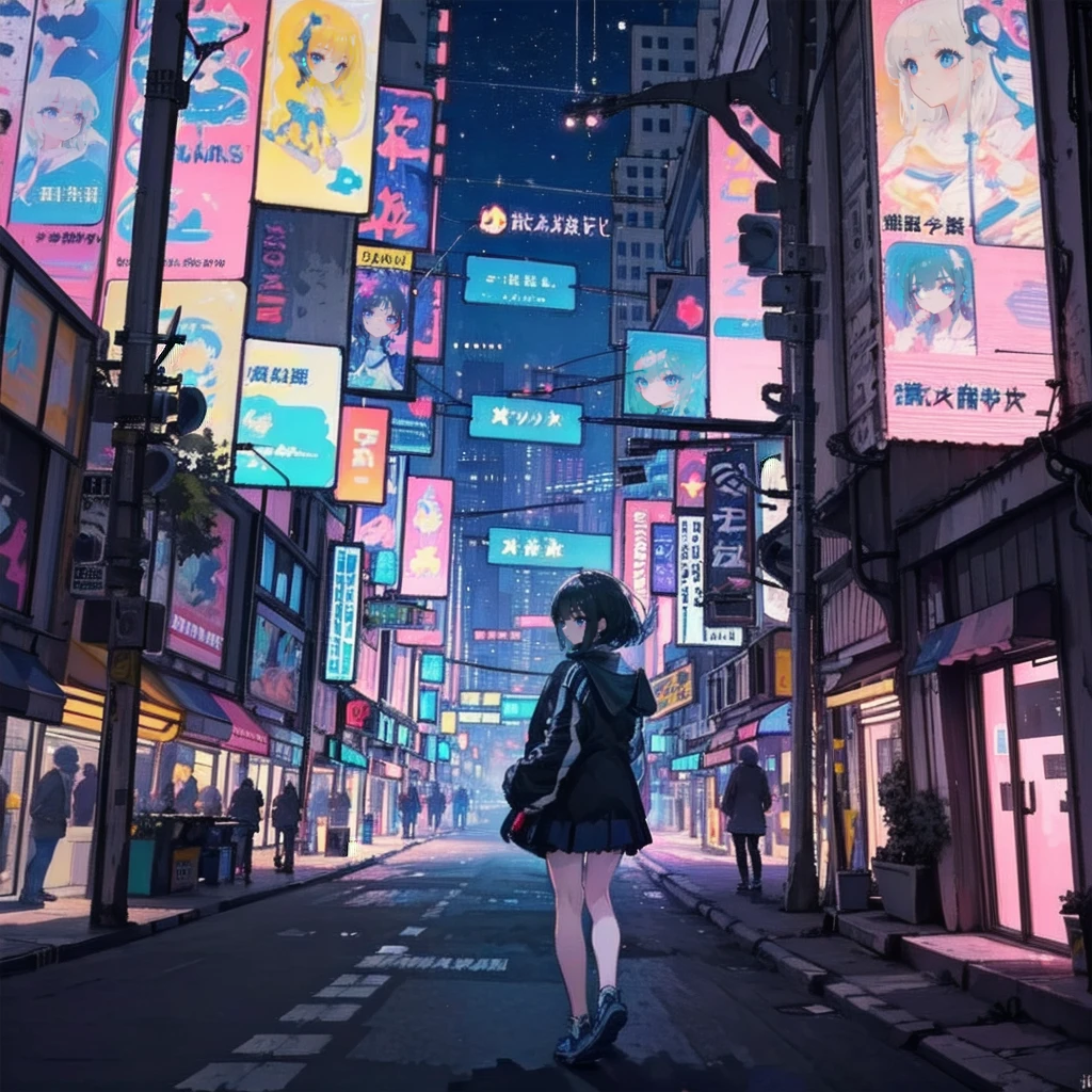1girl,masterpiece,best quality,ultra detailed,solo,<lora:aki:1>,cyberpunk city,night,stars,