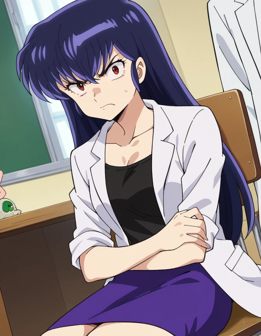 score_9, score_8_up, score_7_up, source_anime,
uruseiyatsurasakura, <lora:urusei-sakura-ponyxl-lora-nochekaiser:1>,
sakura, long hair, purple hair, red eyes, angry, anger vein,
labcoat, white labcoat, collarbone, shirt, black shirt, skirt, pencil skirt, purple skirt,
indoors, infirmary, sitting, chair, desk,
looking at viewer, cowboy shot, dutch angle,
