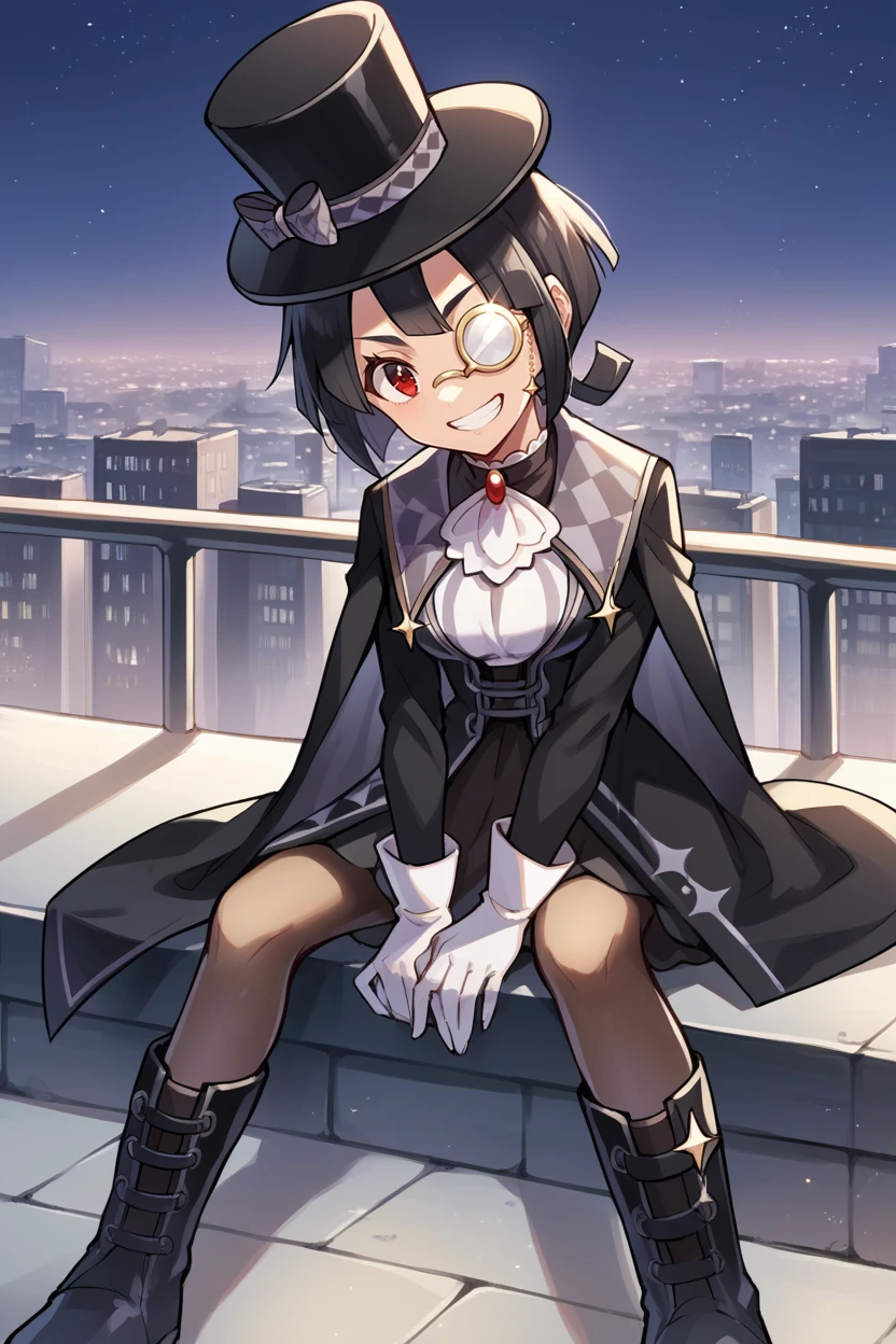 score_9, score_8_up, score_7_up, score_6_up, source_anime, BREAK 1girl, solo, <lora:zinnia-pdxl-nvwls-v1-000006:1> scZinnia, black hair, monocle, top hat, black coat, white ascot, black skirt, white gloves, pantyhose, boots, sitting, cityscape, night, dark, rooftop, grin, looking at you, medium breasts