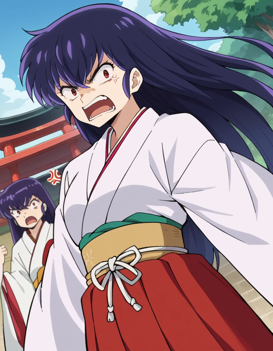 score_9, score_8_up, score_7_up, source_anime,
uruseiyatsurasakura, <lora:urusei-sakura-ponyxl-lora-nochekaiser:1>,
sakura, long hair, purple hair, red eyes, angry, anger vein, shouting, open mouth,
skirt, japanese clothes, wide sleeves, kimono, hakama, hakama skirt, white kimono, miko, red hakama,
outdoors, shrine,
looking at viewer, cowboy shot, dutch angle,