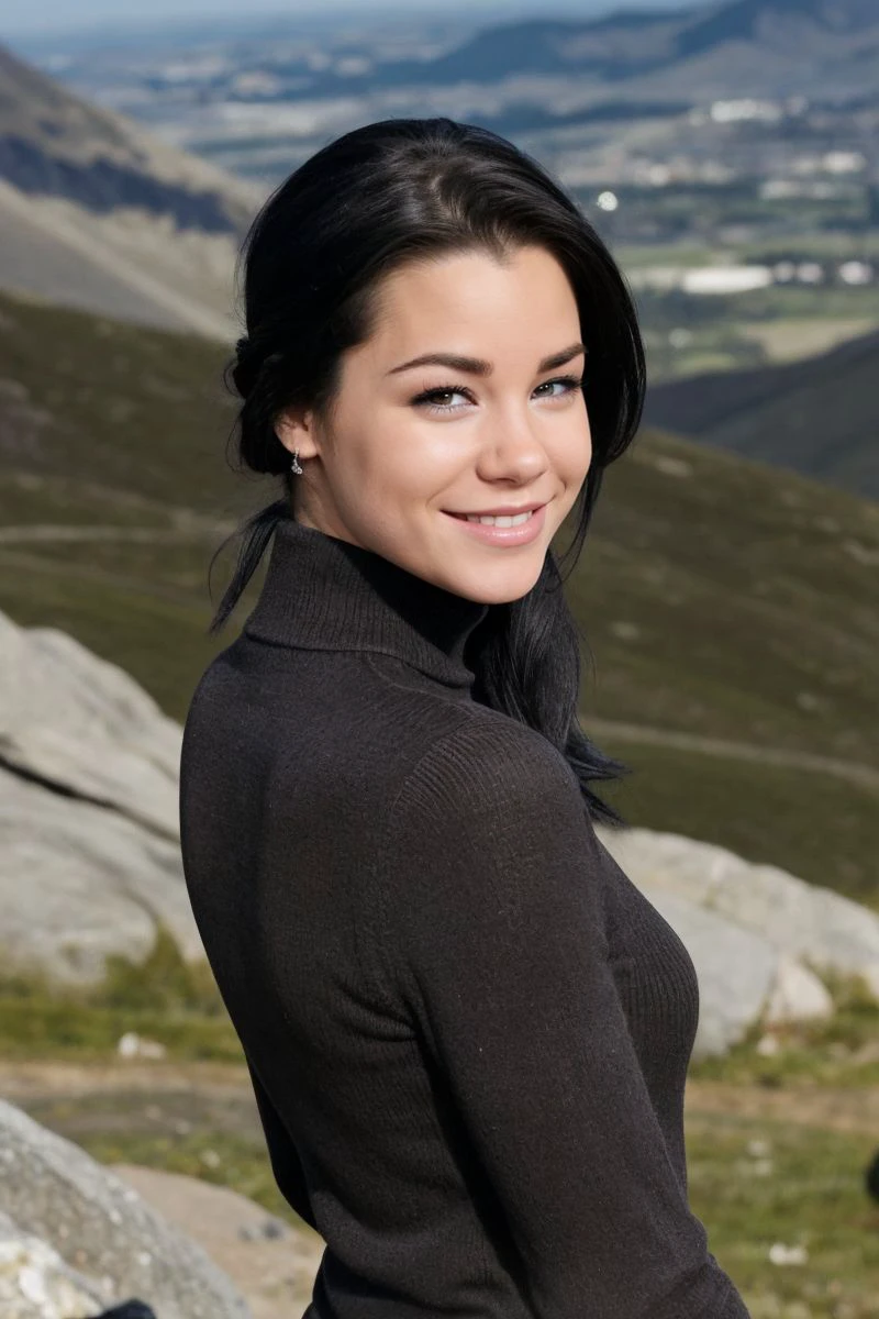 a gorgeous European woman, wavy crimson red hair in the wind. she's a men magazine model, She has a subtle smile and flirts with the camera, (she wears leather shirt), (with a long wool sweater and pvc leggings:1.2),background landscape of Scotland Loch and Scottish castle ruins, (in sunset light:1.2), 