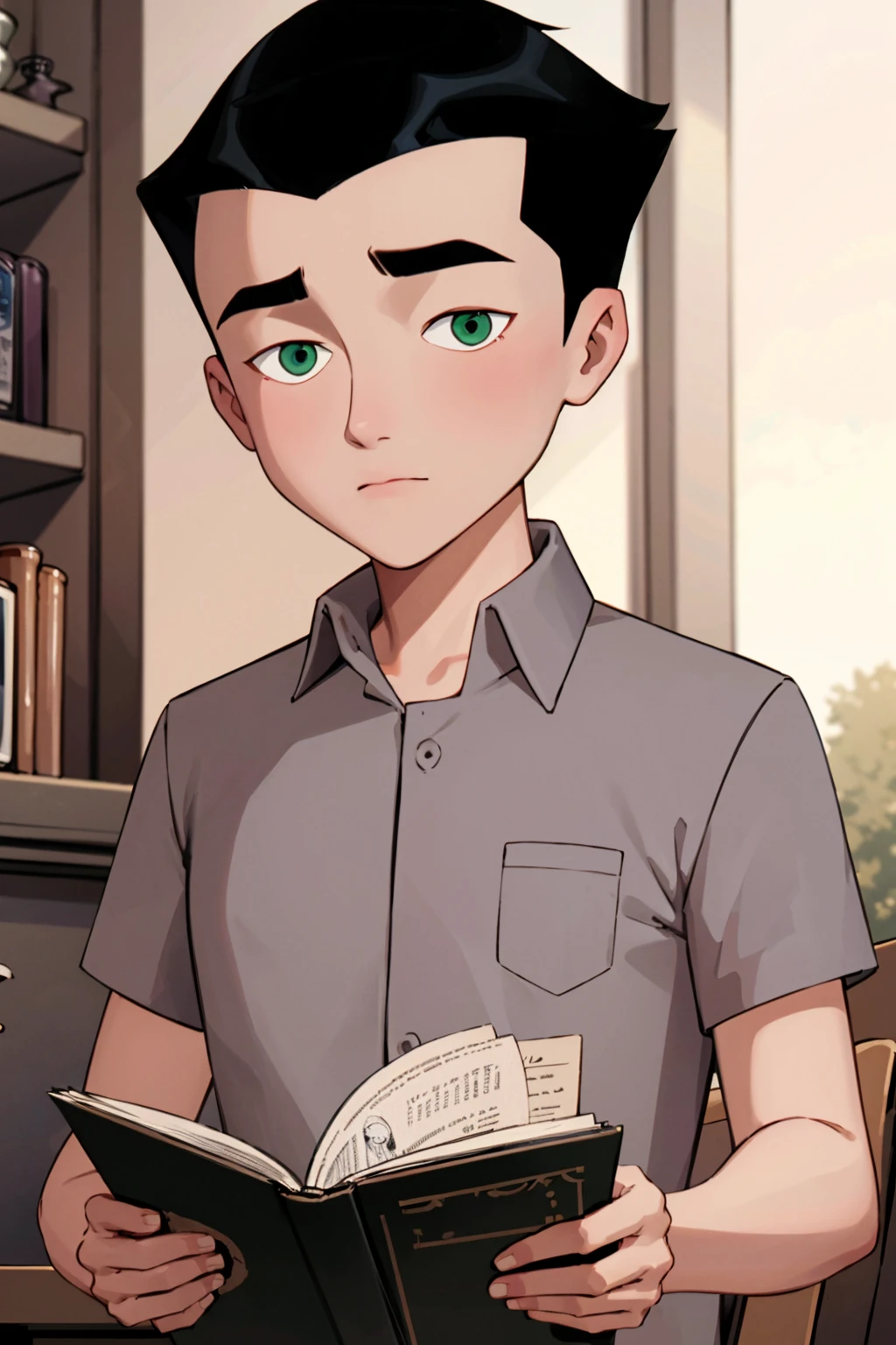 masterpiece,best quality,Grayson,1boy,solo,reading,book,male child,grey shirt,buttons,short hair,black hair,green eyes