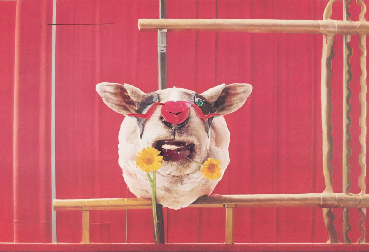cute cartoon character, lamb enjoying springtime flowers, red palette, lynch style <lora:lynchstyle_v0.0.3:1.7>
