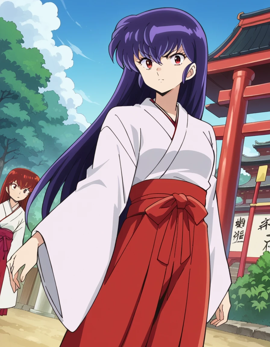 score_9, score_8_up, score_7_up, source_anime,
uruseiyatsurasakura, <lora:urusei-sakura-ponyxl-lora-nochekaiser:1>,
sakura, long hair, purple hair, red eyes,
skirt, japanese clothes, wide sleeves, kimono, hakama, hakama skirt, white kimono, miko, red hakama,
outdoors, shrine,
looking at viewer, cowboy shot, dutch angle,