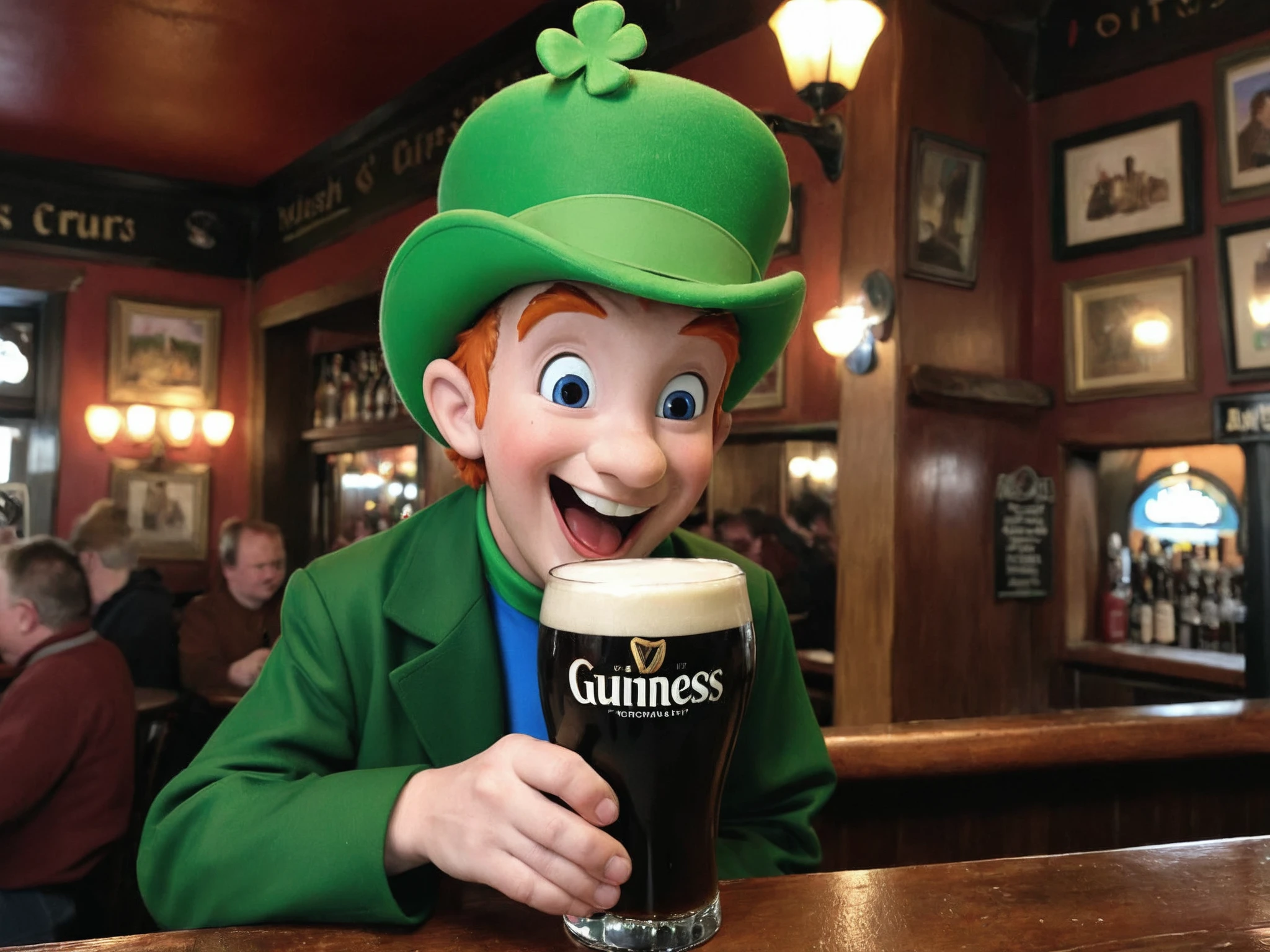 An epic photo of Lucky the Leprecaun drinking a Guinness in an Irish pub.  <lora:Lucky-Charms-XL-v1-000015:0.7>