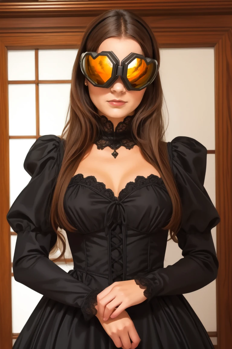 portrait, standing,, woman,  wearing  a gothic type dress and goggles over eyes, <lora:heart_goggles-000009:0.8>,