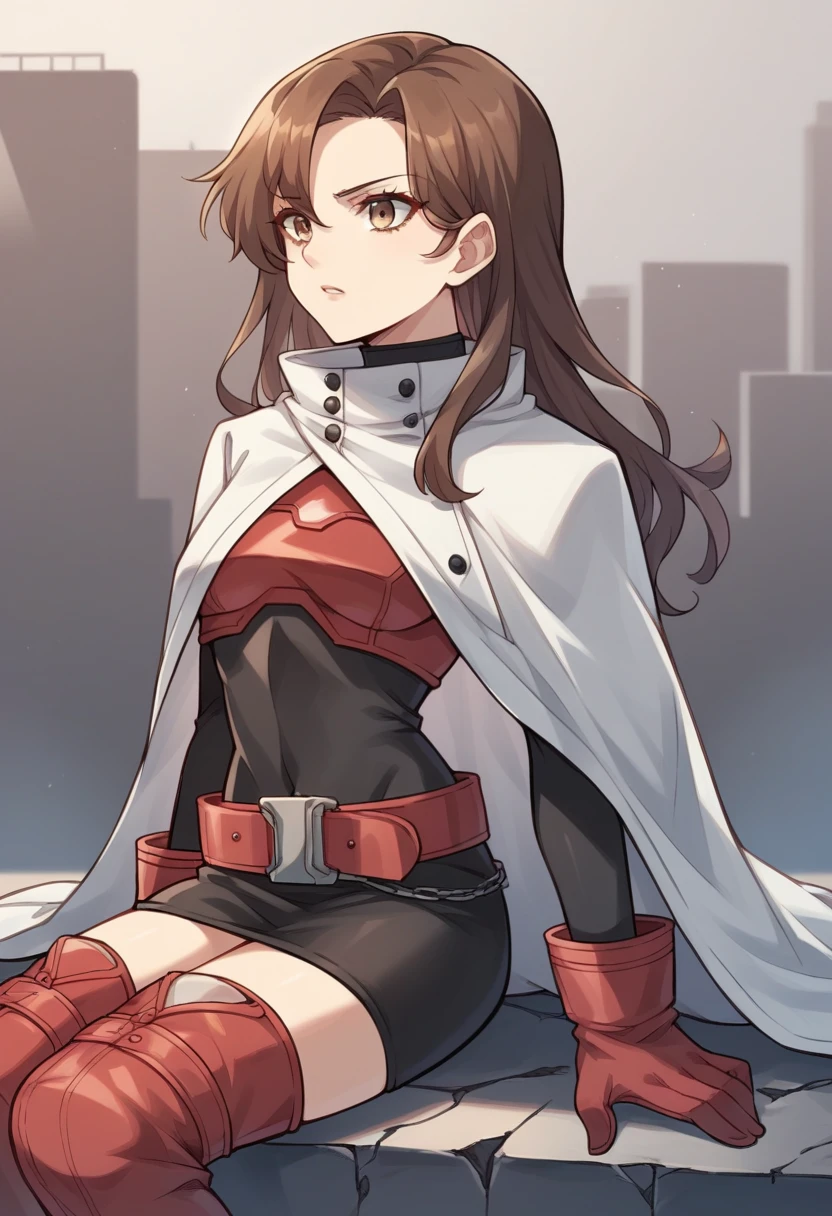 score_9, score_8_up, score_7_up, source_anime BREAK 1girl, solo, <lora:zs_YukaXL:1> yukasmt, brown hair, long hair, bodysuit, white cape, belt, red thigh boots, gloves, destroyed city, sitting, underpass, solemn expression