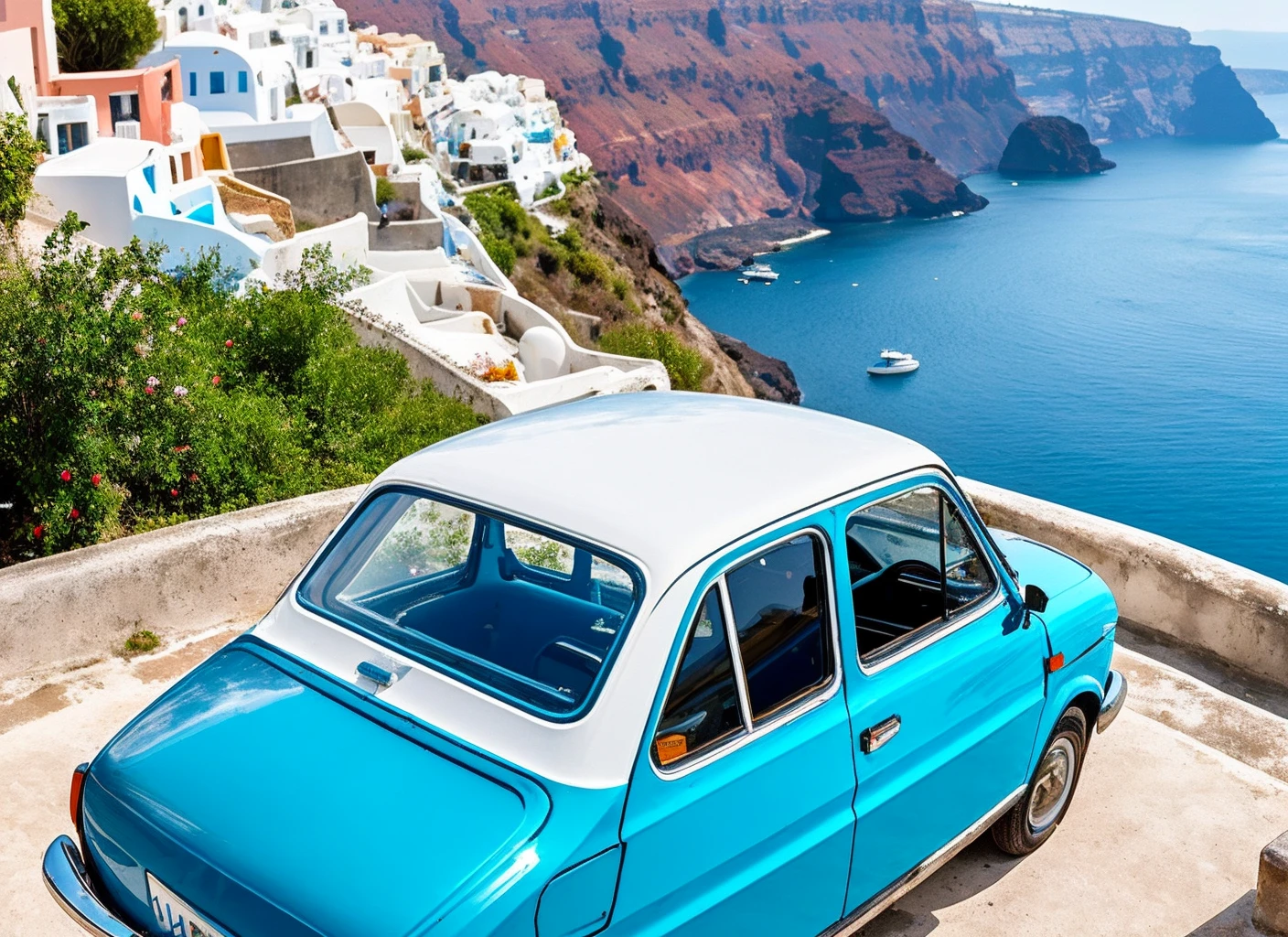 photo of fiatntwsxp car <lora:locon_fiatonetwosixp_v1_from_v1_64_32:1> , in Santorini, overlooking the picturesque white houses and blue domes, by Gregory Crewdson