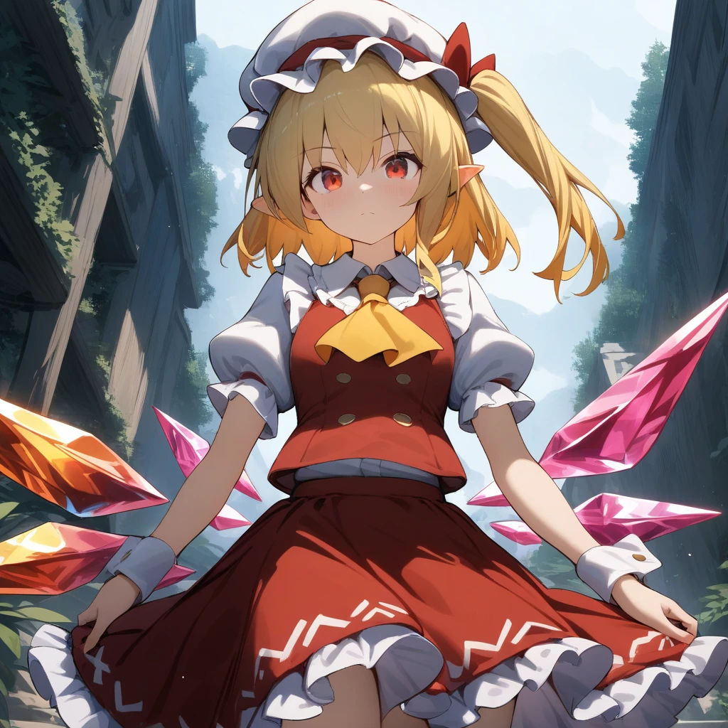 (masterpiece, best quality:1.2),1girl,flandre scarlet,touhou,hat,mob cap,solo,blonde hair,red vest,wings,red eyes,crystal,vest,white headwear,outdoor,short sleeves,one side up,puffy sleeves,skirt,shirt,pointy ears,red skirt,looking at viewer,puffy short sleeves,ascot,yellow ascot,wrist cuffs,white shirt,frills,red bow,collared shirt,ribbon,frilled shirt collar,red ribbon,medium hair,masterpiece,best quality,very aesthetic,absurdres,