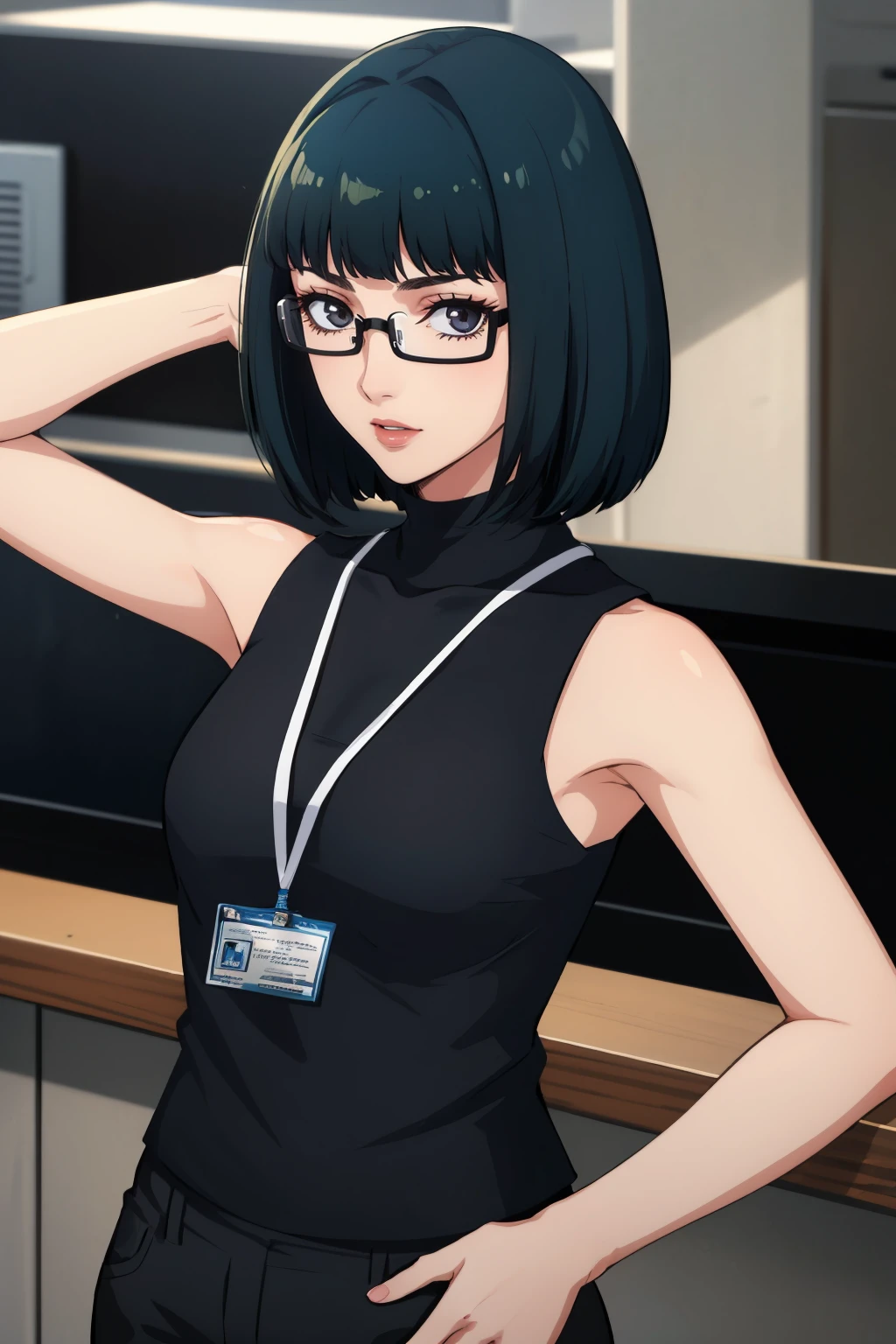 masterpiece, best quality, absurdres, beautiful, <lora:zs_Wakaba:1> wakabap5, bob cut, blunt bangs, glasses, turtleneck, sleeveless, pants, lanyard
