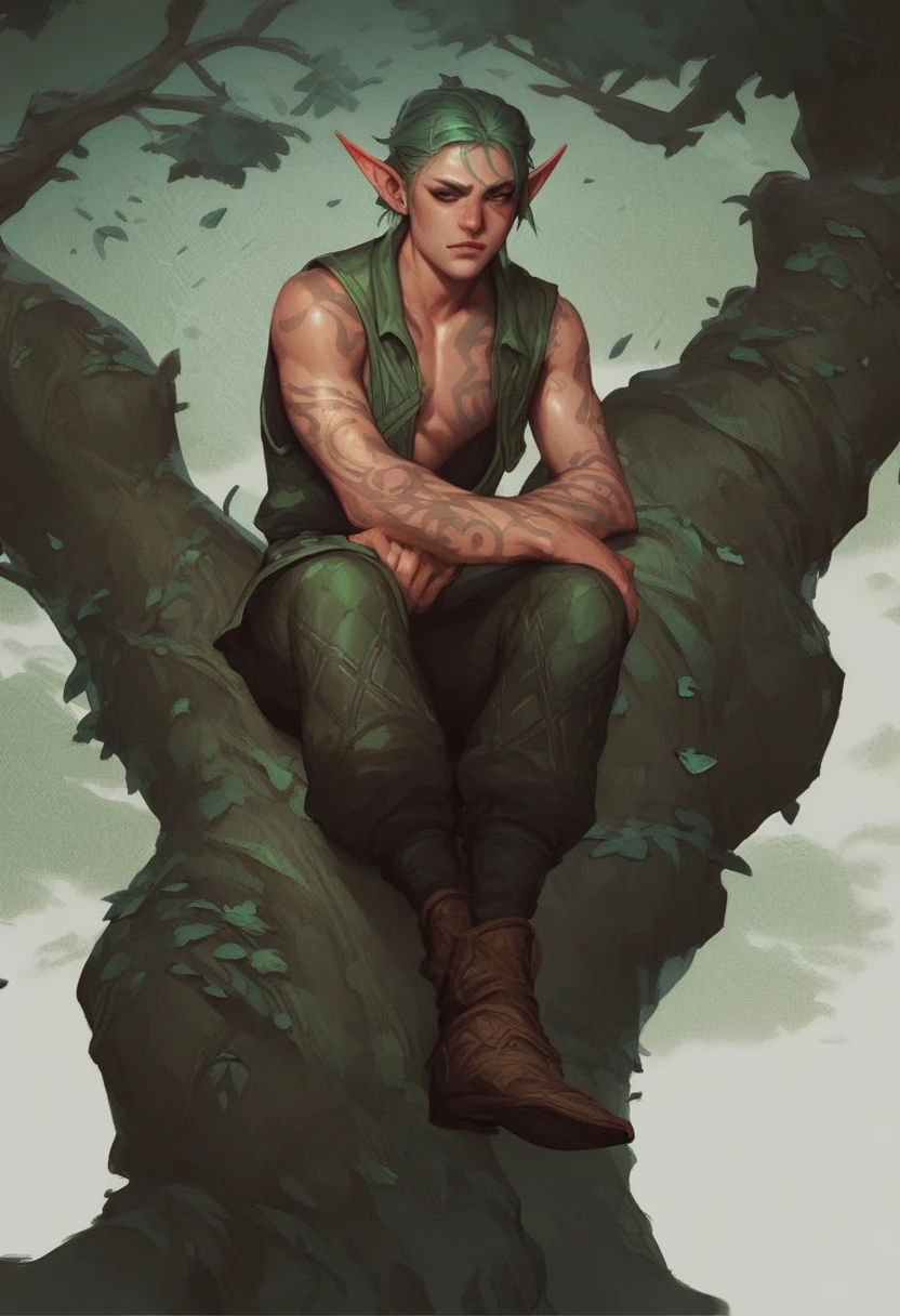 score_9, score_8_up, score_7_up, score_6_up, score_5_up, score_4_up, elf archer sitting on tree, fantasy character, digital art, textured effect, high contrast, stylized, illustration, geometric background patterns <lora:FantasyGPT4VLycoXL:1>