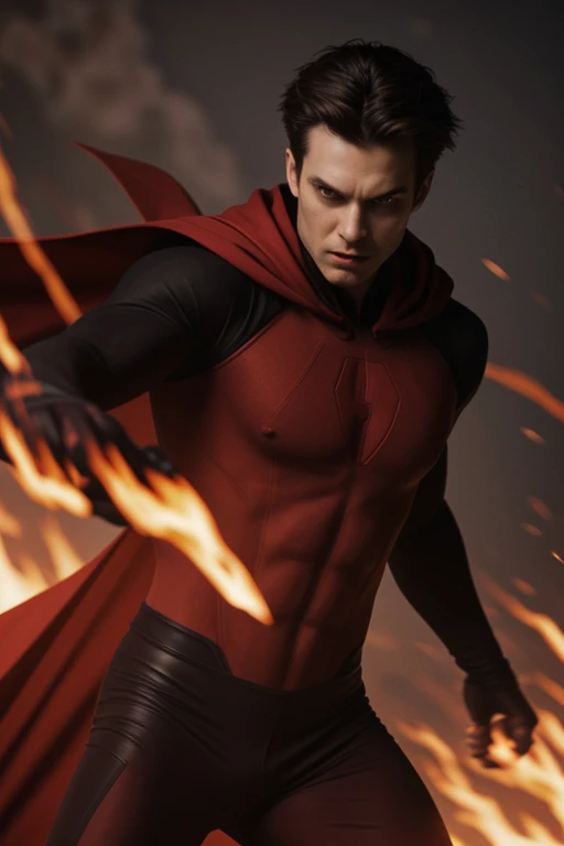 man, red superhero suit, black pants, tight red shirt, flowing cape of fire, eyes of fire, good proportions, exaggerated, cinematic, action shot, flying