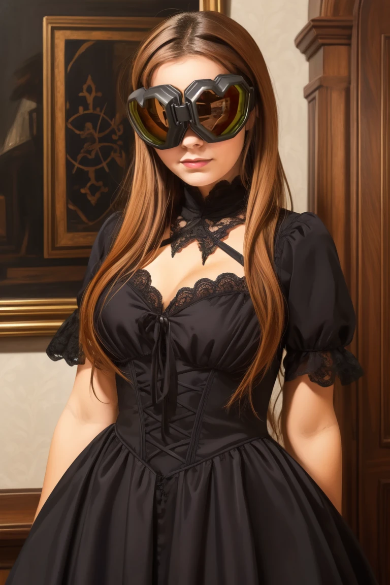 portrait, standing,, woman,  wearing  a gothic type dress and goggles over eyes, <lora:heart_goggles-000009:0.8>,