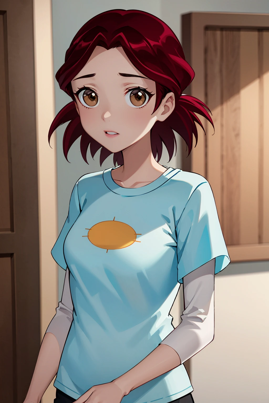 8k,highres, masterpiece,best quality,barbaragordon,solo,brown eyes,blue shirt,short sleeves