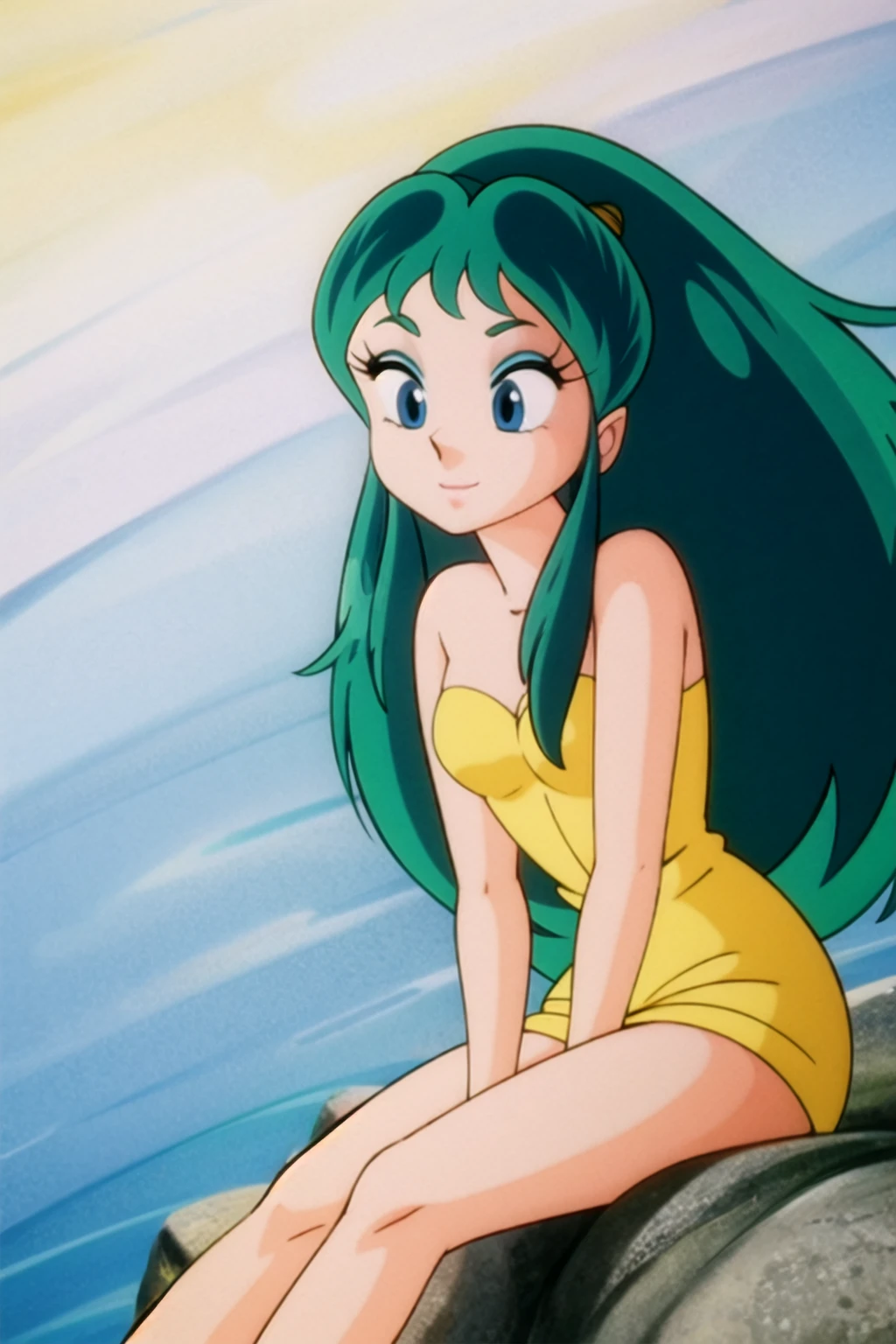 1girl, Lum, green hair, smile, Pajama full set, Floating Market on a Calm River, close-up, <lora:LumR:1> <lora:add_detail:0.5>, (arms down:0.8)