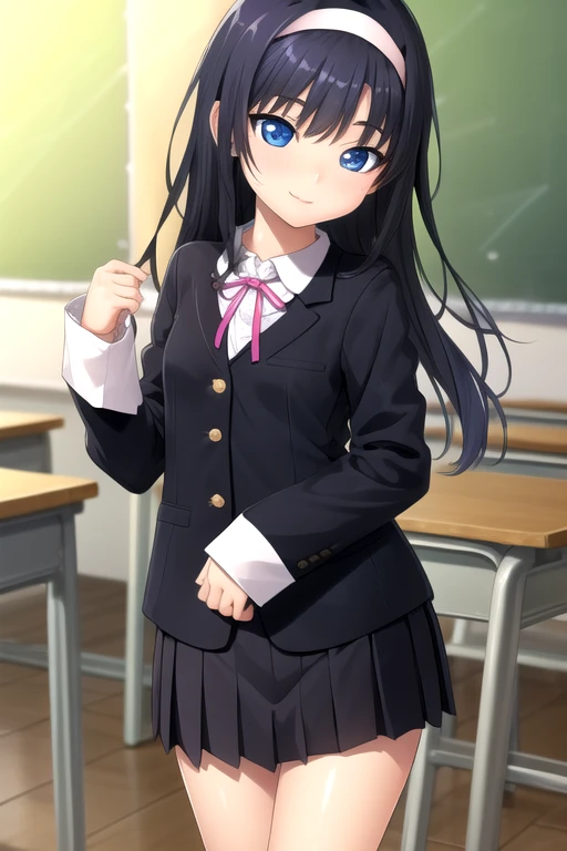 ((masterpiece)),(best quality),official art,extremely detailed CG,unity 8k wallpaper,ultra detailed,beautiful detailed eyes,extremely detailed face,classroom,1girl,solo,cowboy shot,looking at viewer,facing viewer,smile,(petite:1.3),Inagaki Sae,long hair,black hair,white hairband,sidelocks,bangs,blue eyes,school uniform,blazer,black jacket,pink ribbon,white shirt,collared shirt,sleeves past wrists,long sleeves,small breasts,black dress,pleated skirt,black socks,loafers,<lora:Inagaki Sae(sk)>,