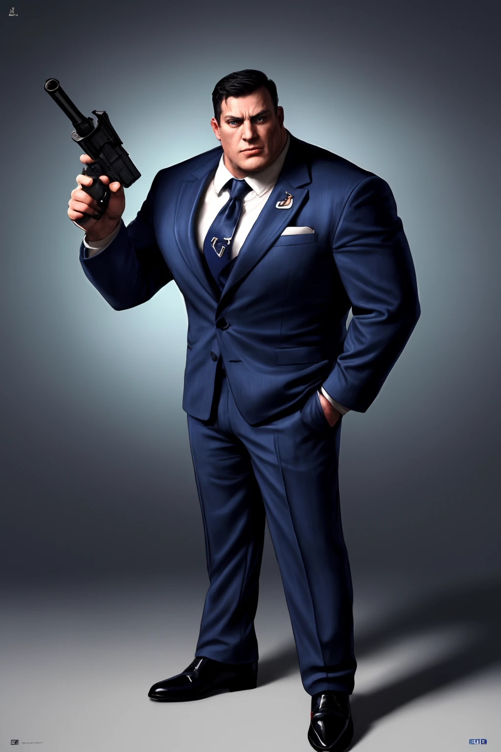 cinematic film still (best quality, masterpiece:1.2), photorealistic, ultra high res, front lighting, intricate detail, Exquisite details and textures, s1male, black hair, big chin, blue navy suit, black tie, black shoes, muscular, tall, blue eyes ,Stansmith, pointing a gun to the viewer with a 45mm gun<lora:EMS-179-EMS:0.700000>, <lora:EMS-325111-EMS:1.000000>