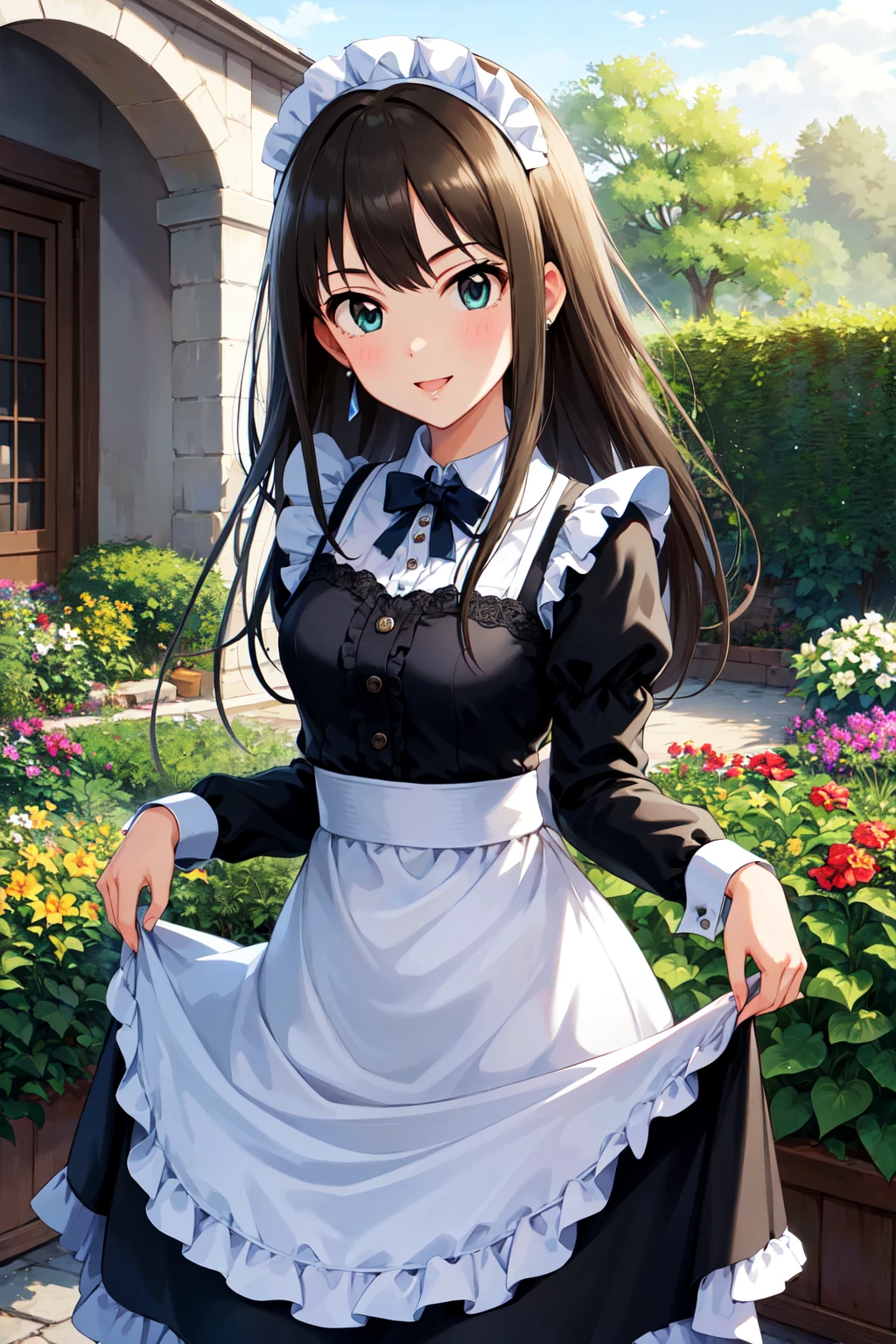 masterpiece, best quality, highres, aarin, long hair, earrings, <lora:shibuya_rin_v1:0.7>, maid, maid headdress, apron, black dress, skirt hold, smile, garden, standing,