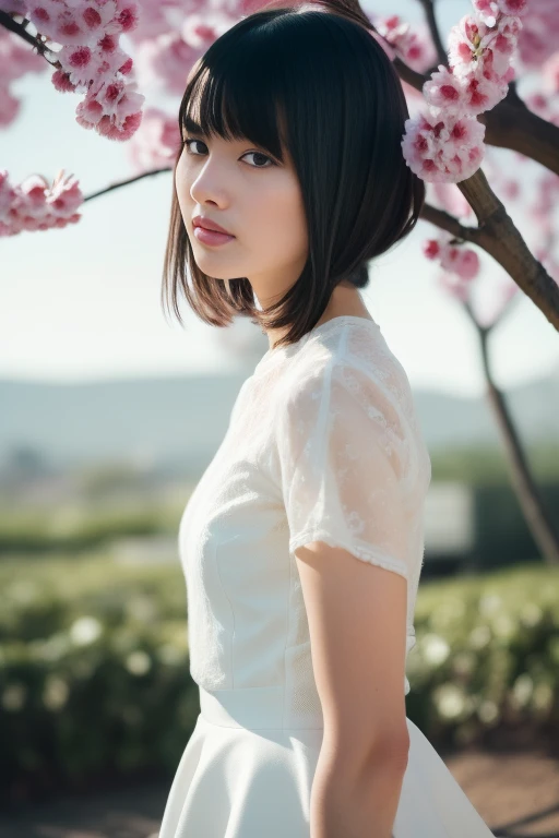 1girl,(RAW photo, best quality), (realistic, photo-realistic:1.4), masterpiece, an extremely delicate and beautiful, extremely detailed, 2k wallpaper, Amazing, finely detail, extremely detailed CG unity 8k wallpaper, ultra-detailed, highres, soft light, beautiful detailed girl, extremely detailed eyes and face, beautiful detailed nose, beautiful detailed eyes,cinematic lighting,perfect anatomy,
(wearing a white peplum avant garde outfit),white skirt(bokeh:1.2),
at a flower park,sakura flowers,flower garden,
<lora:hashimotoai_lora:0.8>,