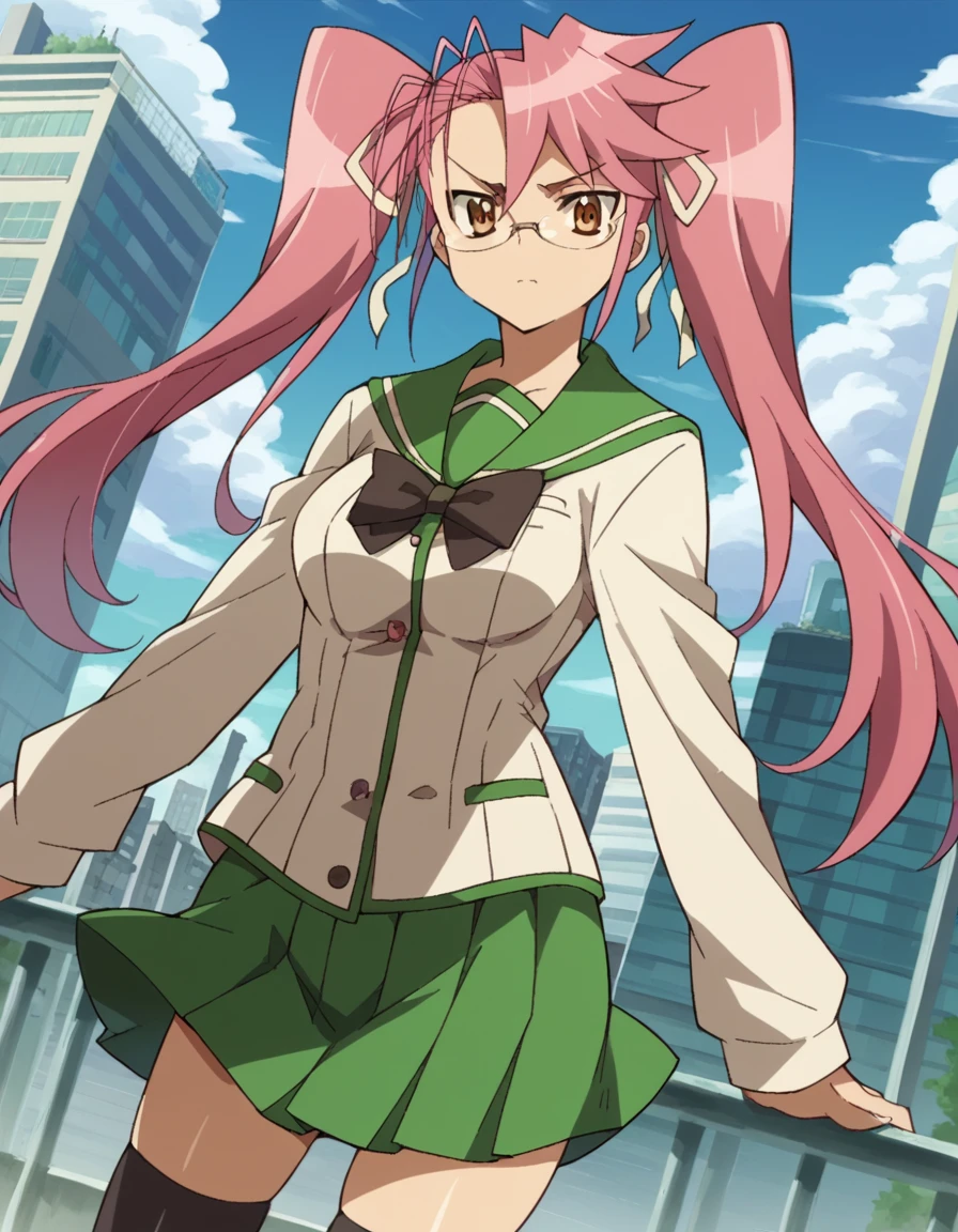 score_9, score_8_up, score_7_up, source_anime,
sayatakagi, <lora:saya-takagi-ponyxl-lora-nochekaiser:1>,
saya takagi, long hair, ribbon, twintails, brown eyes, hair ribbon, pink hair, glasses,
skirt, thighhighs, school uniform, serafuku, zettai ryouiki, green skirt, bowtie, long sleeves, black thighhighs, black bowtie,
outdoors, cityscape, zombies,
looking at viewer, cowboy shot, dutch angle,
