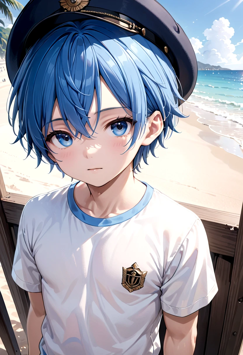 <lora:cacd-xl-base-2:0.6>,1boy, aoi, blue hair, hat, masterpiece, ultra detail, beach, blue eyes, cute shirt, male focus, boy face,
(masterpiece:1.2), best quality, high resolution, unity 8k wallpaper, (illustration:0.8), (beautiful detailed eyes:1.6), extremely detailed face, perfect lighting, extremely detailed CG, (perfect anatomy),