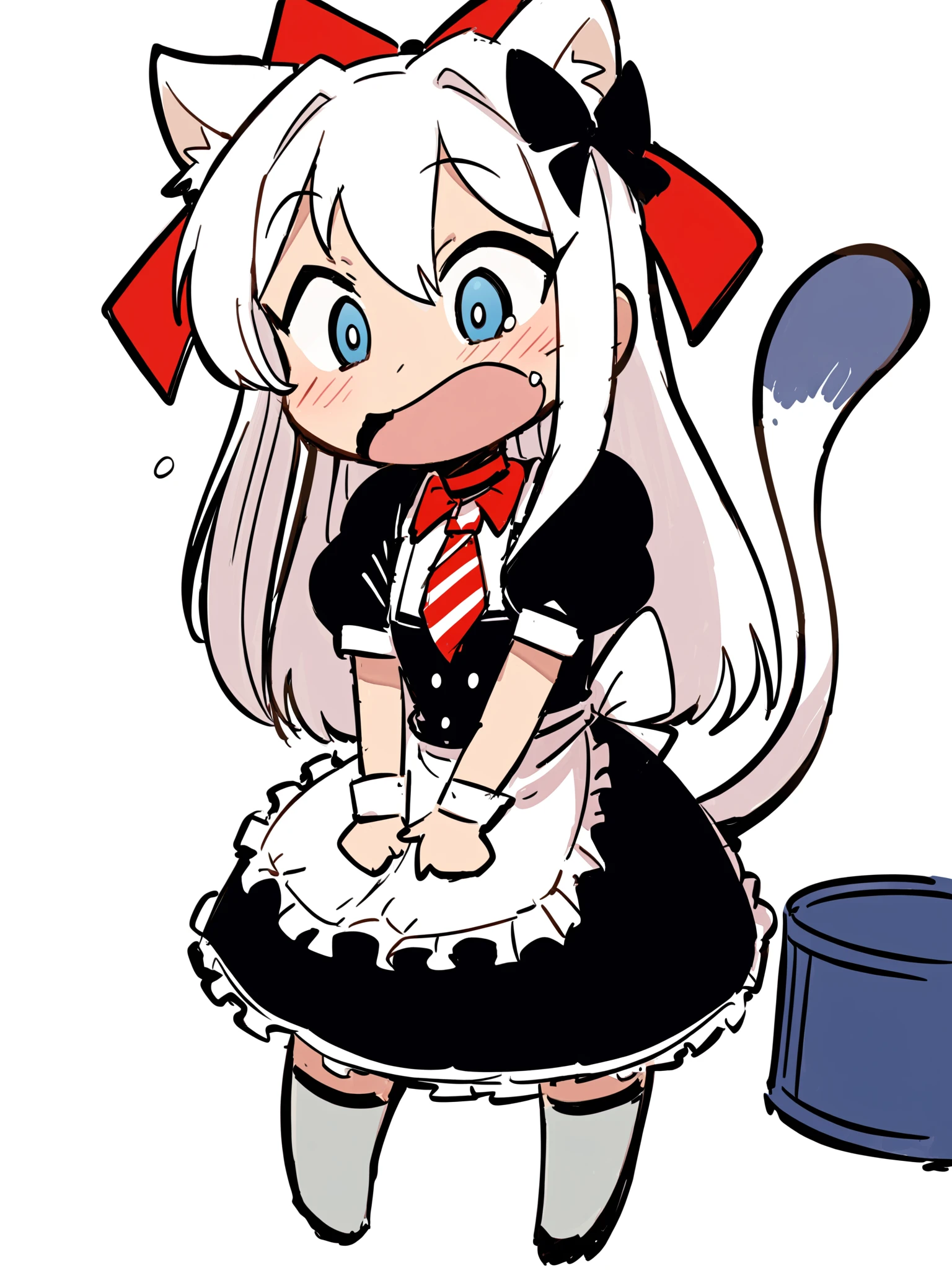 masterpiece, best quality, 
<lora:style05-xl:1>,chibi,
1girl, solo, animal ears, cat ears, american flag print, hammann (azur lane), long hair, american flag, bow, flag print, puffy short sleeves, print necktie, puffy sleeves, chibi, short sleeves, tail, open mouth, apron, blue eyes, cat tail, blush, wrist cuffs, white background, dress, very long hair, hair bow, bangs, white apron, white hair, black dress, red bow, full body, waist apron, simple background, one side up, hair between eyes, necktie, standing, fang, looking at viewer, thighhighs, frills, wavy mouth, frilled apron, cat girl, grey footwear, boots, animal ear fluff, choker, red choker, bow choker, black thighhighs, frilled dress, bowtie, striped, black bow, v arms, sidelocks