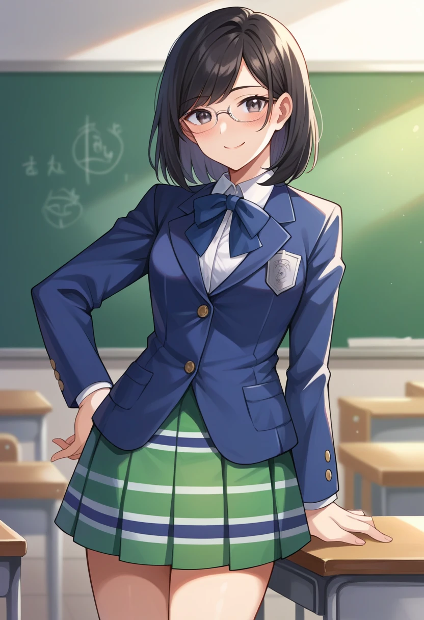 score_9, score_8_up, score_7_up, source_anime BREAK 1girl, solo, <lora:zs_ReikoXL:1> reikoif, medium hair, black hair, blazer, pleated skirt, glasses, white socks, classroom, looking at viewer, cowboy shot, smile, closed mouth, blush