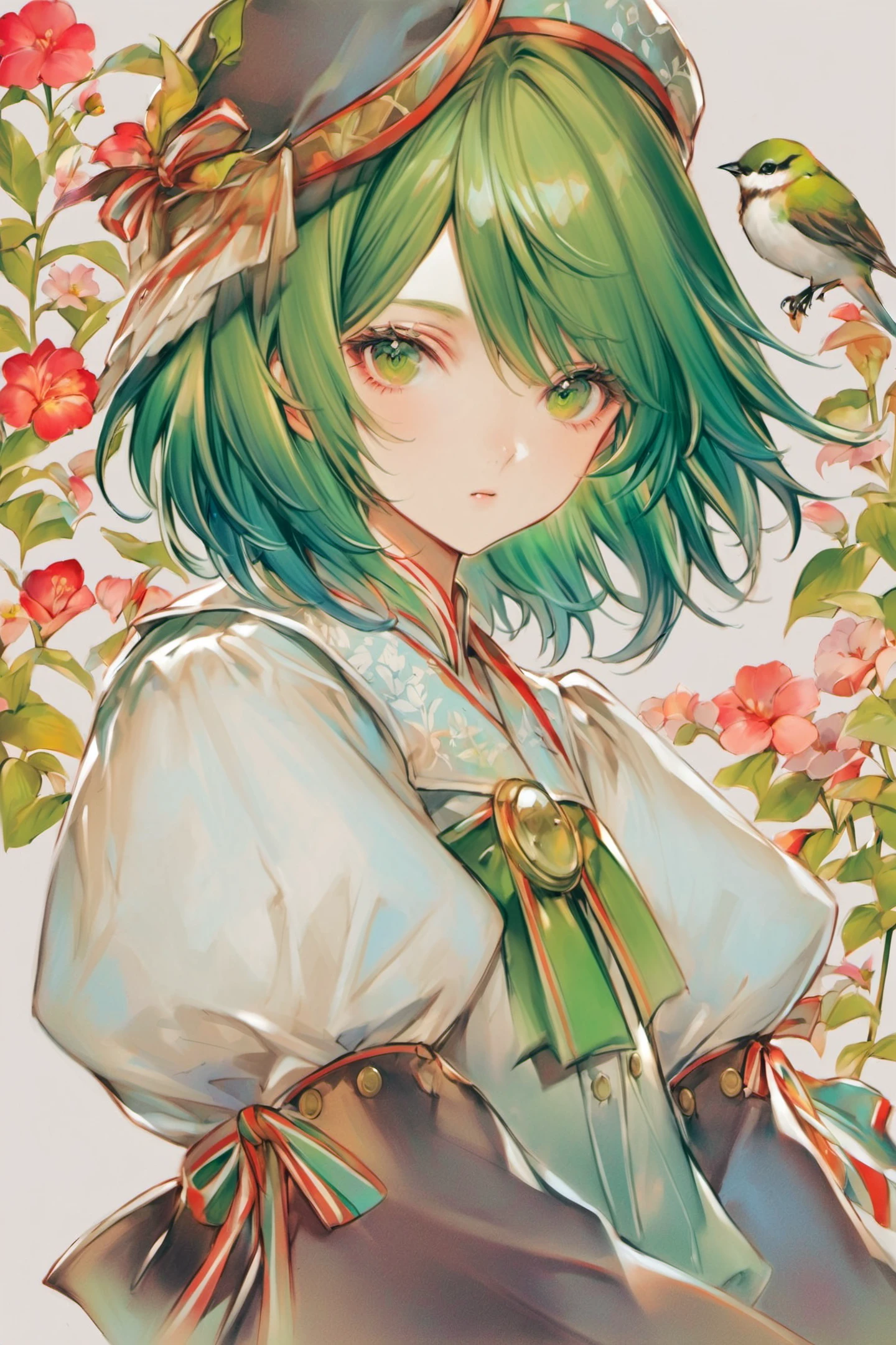 1girl,shiki eiki,green eyes,green hair,hat,bird,solo,short hair,upper body,white background,long sleeves,simple background,puffy sleeves,ribbon,looking at viewer,traditional media,<lora:Yogisya_XL:0.9>,