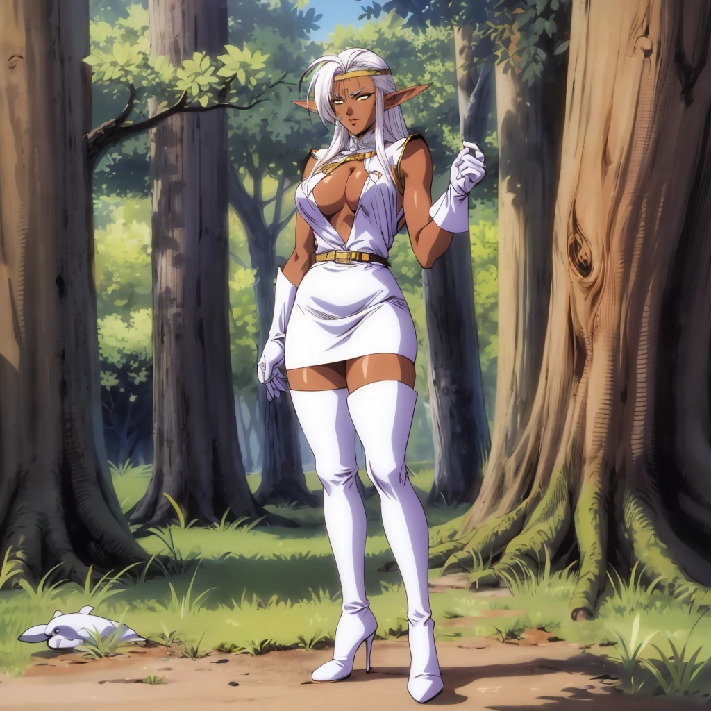 <lora:Pirotess003:0.7>,<lora:add_detail:0.5>,<lora:noline:0.3>,<lora:boldline:-0.3>,
Pirotess,1girl,elf,long hair,white hair,circlet,yellow eyes,dark skin,1990s (style),
cleavage,breasts,turtleneck,center opening,white dress,short dress,sleeveless,
belt,skirt,
white gloves,
zettai ryouiki,thigh boots,high heels,
full body,standing,nature,