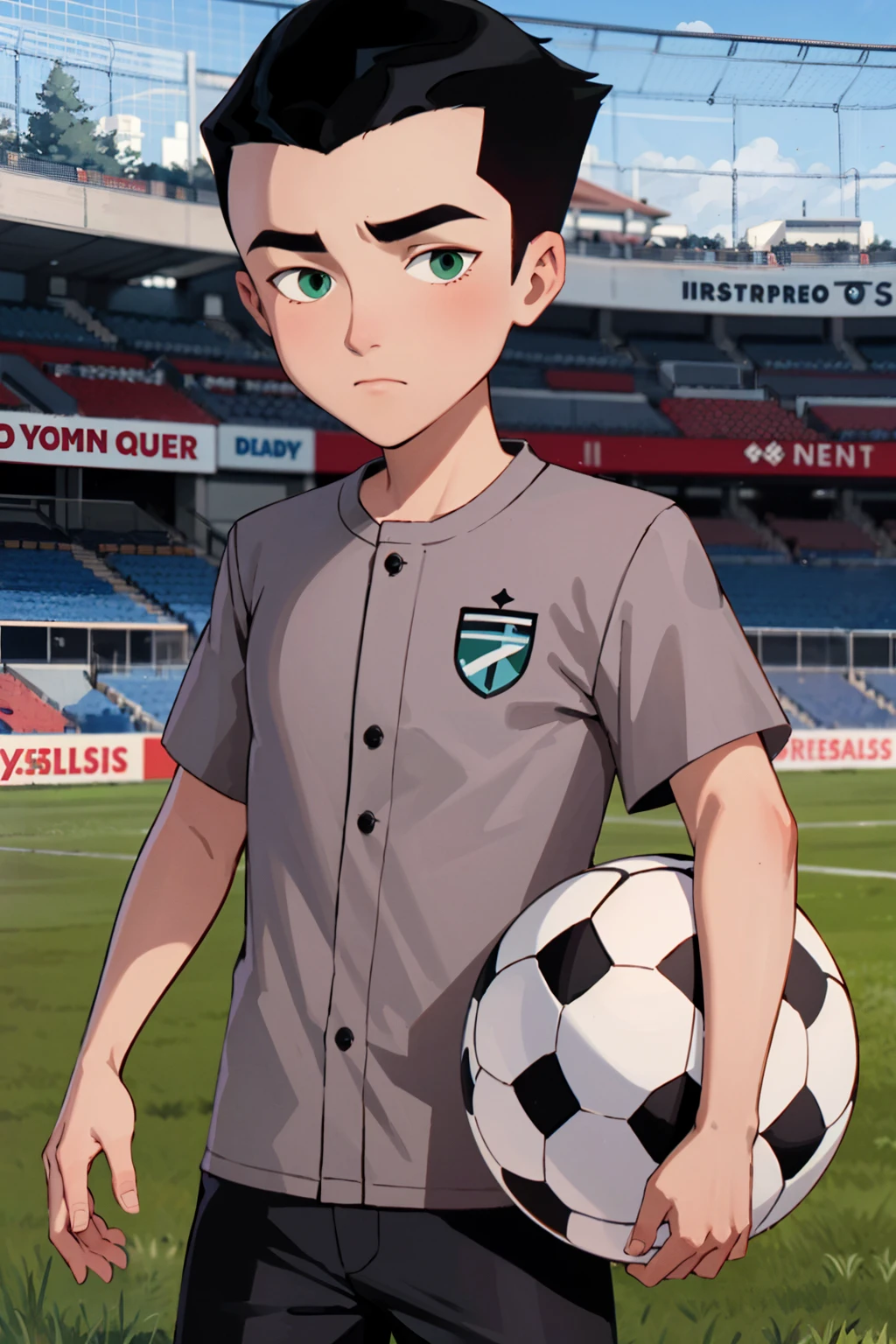 masterpiece,best quality,Grayson,1boy,solo,male child,grey shirt,buttons,short hair,black hair,green eyes,soccer ball, ball, closed mouth,holding,soccer,holding ball,soccer field, grass, soccer goal