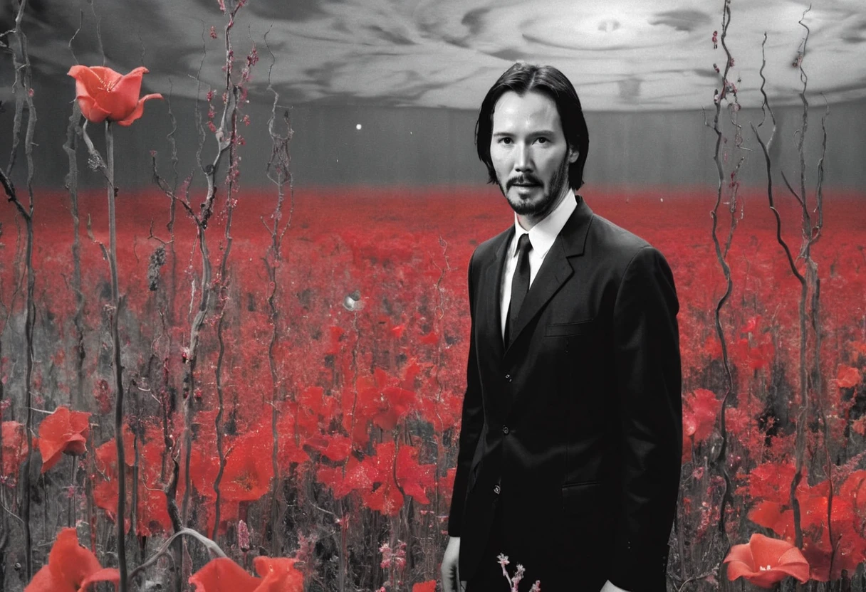 keanu reeves in a meadow of flowers in space, black and white and red, creepy, unsettling, lynch style <lora:lynchstyle_v0.0.2:1.3>