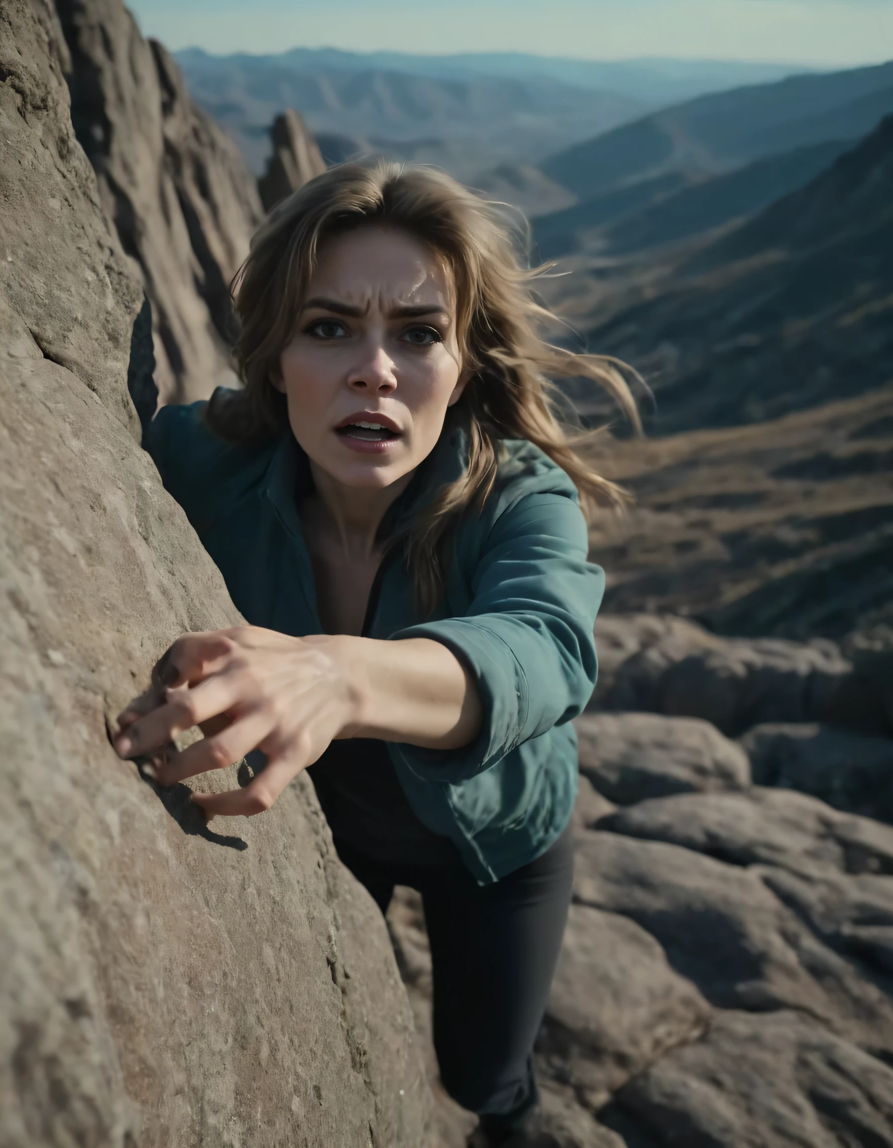 Amidst a breathtakingly scenic mountain range, JojoSnow01 captures the mesmerizing beauty of a fearless woman, gripping her fingers on rough rock faces as she ascends towards new heights; framed in a dramatic, closeup shot that accentuates her intricate features and hyperdetailed expressions, while the dark shadows of the terrain envelop her form in a cinematic embrace. The camera seamlessly pans to capture the exquisitely detailed landscape in rich contrasts of muted colors, occasionally tinged by soothing tones, as an occasional glimpse of technicolor breaks through; film grainy textures add to the raw, gritty atmosphere, creating a captivating experience that transports you into this stunning world, leaving you in awe. <lora:xktgkr18e0c2a8d74i16c:1>