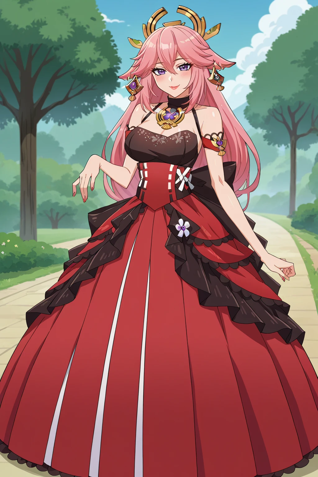 score_9, score_8_up, score_7_up, score_6_up, score_5_up, score_4_up, BREAK source_anime,1girl,solo, anime screencap,large breasts,smile,lips,lipstick,collarbone,puffy lips,looking at viewer,blush,
ballgown, a woman in a dress posing for a picture , wearing a ballgown
<lora:edgBallgownPonyv1:1>
Yae Miko
