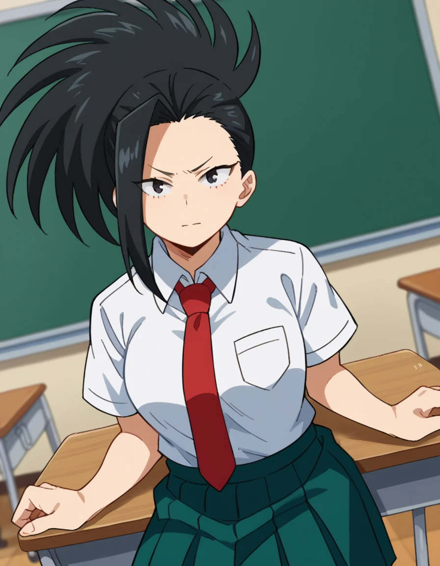 score_9, score_8_up, score_7_up, source_anime,
yaoyorozumomo, <lora:momo-yaoyorozu-ponyxl-lora-nochekaiser:1>,
yaoyorozu momo, long hair, bangs, black hair, ponytail, black eyes, high ponytail, wide ponytail,
skirt, shirt, school uniform, white shirt, short sleeves, pleated skirt, necktie, collared shirt, red necktie, green skirt, u.a. school uniform,
indoors, classroom, sitting, desk, chair,
looking at viewer, cowboy shot, dutch angle,
