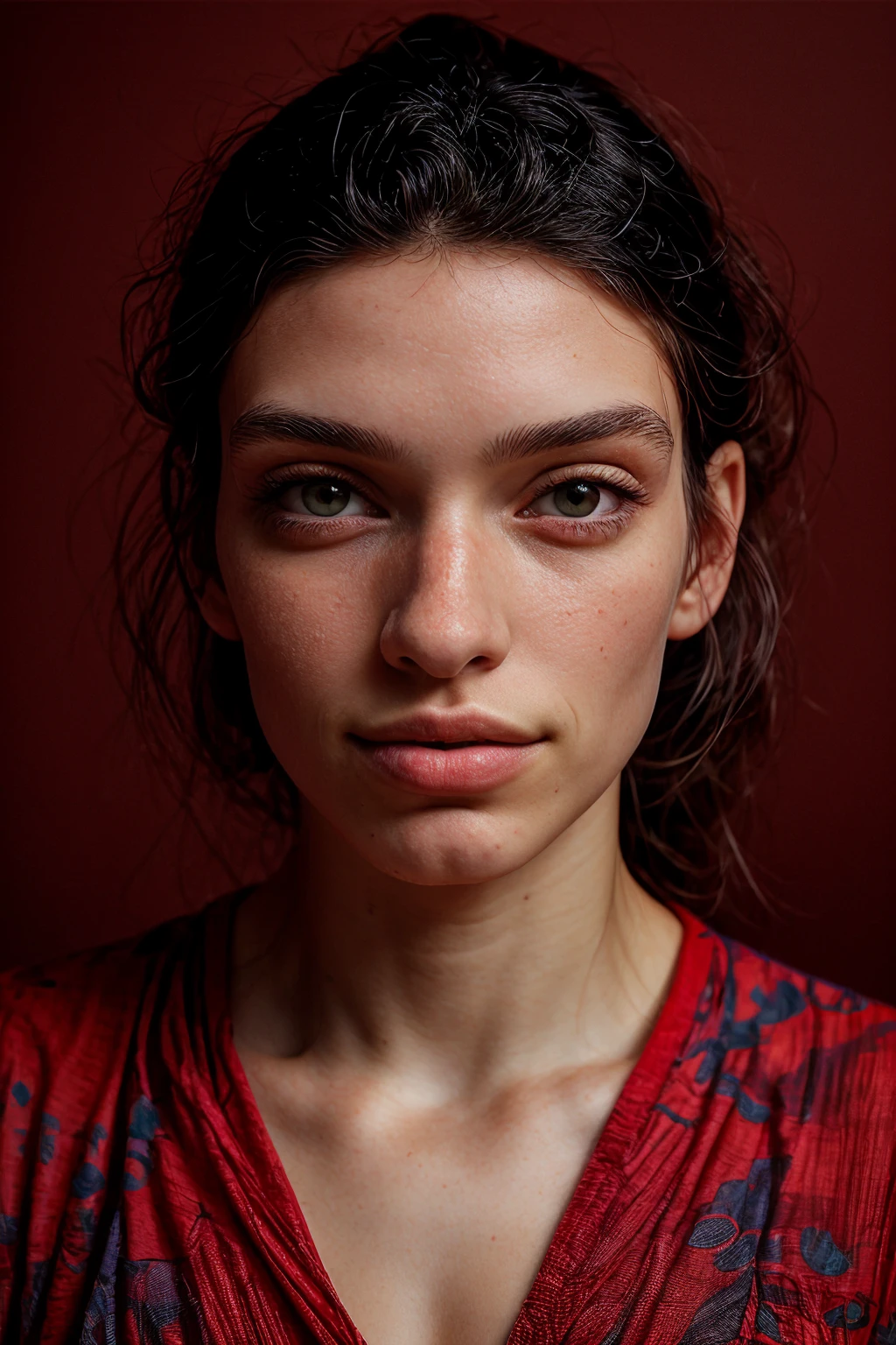 analog film photo ((light theme)), <lora:[US]_-_Mackenzie_Dern_NR:1> mt-mackenziedern, solo, (looking at viewer), (detailed skin), (detailed face), (black hair), (surprise face expression), ((baggy t-shirt and sweatpants))
BREAK
(simple dark red background:1.5)
BREAK
realistic lighting, masterpiece, best quality, ultra-detailed, ultra high res, (photorealistic:1.4), raw photo, (realistic:0.2), 8k HDR, 1girl, bokeh, f1.4, 40mm, photorealistic, raw, 8k, textured skin, skin pores, intricate details, 
BREAK
<lora:PAseer-SD15-LCM Quick:1>  <lora:mindPhoto:.8> mt-helper  <lora:add_detail:0.8> <lora:DStyle_-_Photography_Style:.8> dstyle . faded film, desaturated, 35mm photo, grainy, vignette, vintage, Kodachrome, Lomography, stained, highly detailed, found footage