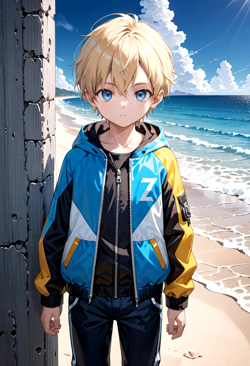 <lora:cacd-xl-base-2:0.6>,sota, solo,looking at viewer,short hair,bangs,blue eyes,blonde hair,long sleeves,1boy,hair between eyes,closed mouth,standing,jacket,male focus,cowboy shot,outdoors,sky,day,pants,cloud,hood,water,blue sky,ocean,beach,black pants,hood down,child,multicolored clothes,zipper,horizon,male ,wall,multicolored jacket,two-tone jacket
,
(masterpiece:1.2), best quality, high resolution, unity 8k wallpaper, (illustration:0.8), (beautiful detailed eyes:1.6), extremely detailed face, perfect lighting, extremely detailed CG, (perfect anatomy),