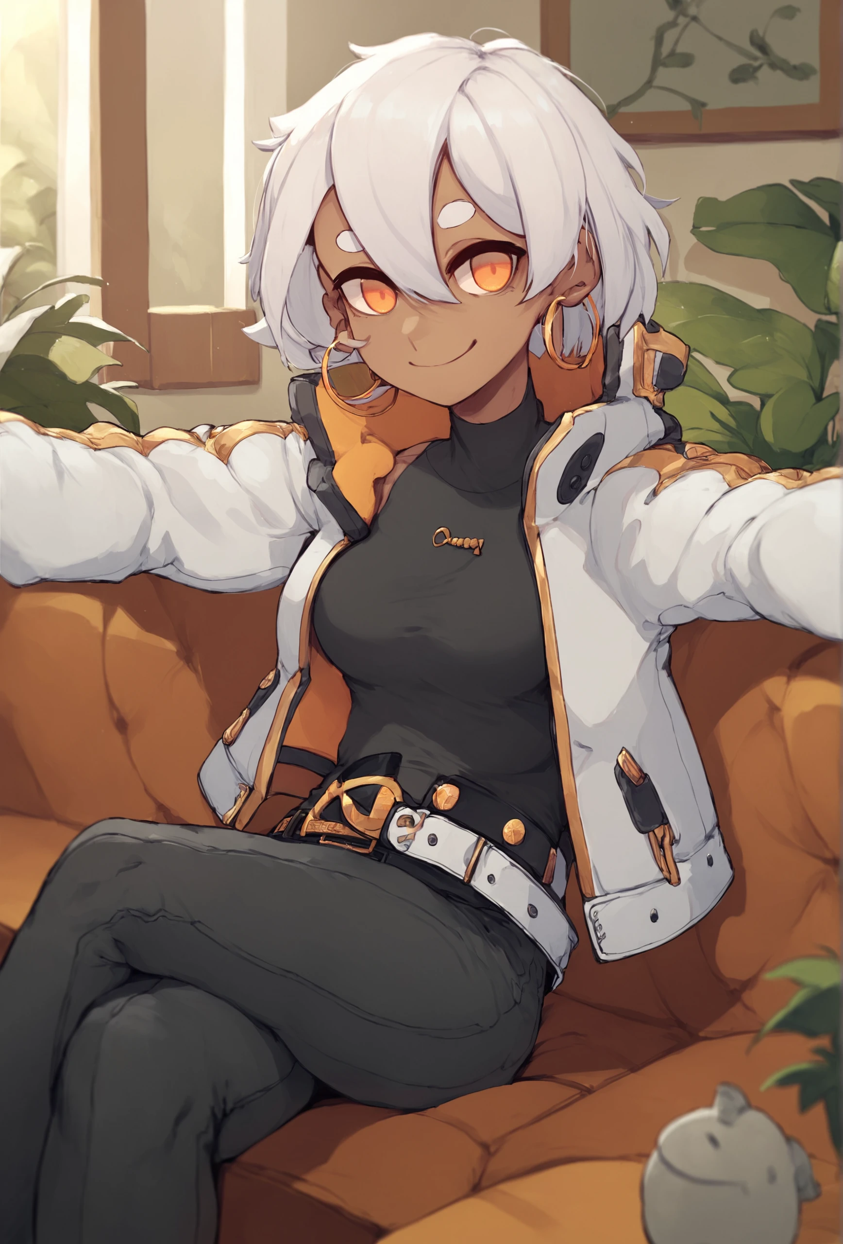 score_9, score_8_up, score_7_up, score_6_up, score_5_up, score_4_up, indoors, living room, plant BREAK
 <lora:k-rha_ponyxl_v1:1> 1girl, solo, white hair, short hair, hair between eyes, orange eyes, eye reflection, thick eyebrows, gold earrings, hoop earrings, sidelocks, white jacket, open jacket, black shirt, black pants, medium breasts, smile, dark-skinned female, sitting, on couch, belt, crossed legs, outstretched arms,
