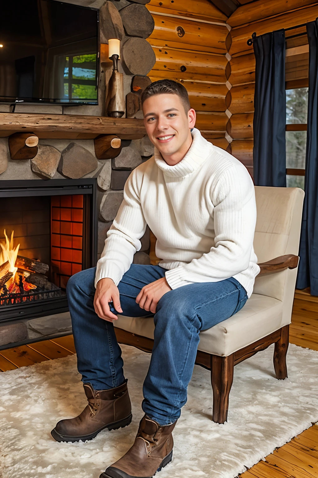 log cabin ski lodge, fireplace with fire, sitting on an Ottoman, smiling, ADConrad wearing white sweater, blue jeans, hiking boots, (((full body portrait))), wide angle <lora:ADConrad:0.8>