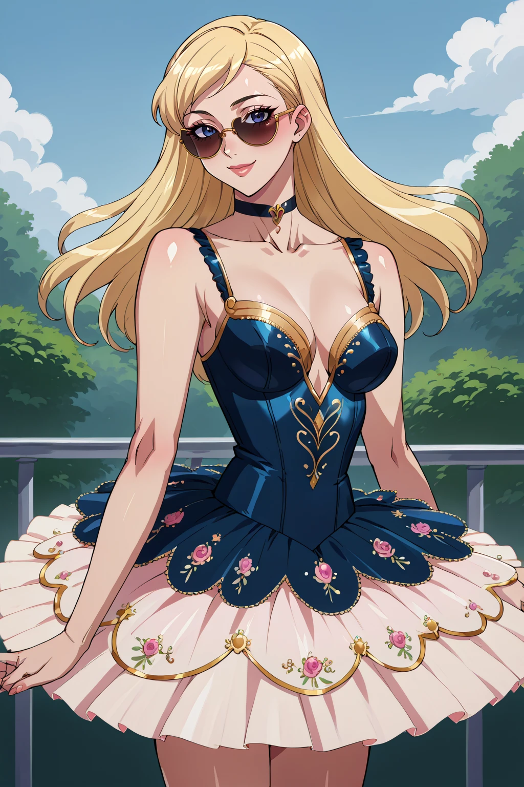 score_9, score_8_up, score_7_up, score_6_up, score_5_up, score_4_up, BREAK source_anime,1girl,solo, anime screencap,large breasts,smile,lips,lipstick,collarbone,puffy lips,looking at viewer,blush,
edgPrimaballerina_tutu, golden lining and embroidery ,a woman posing for a picture,wearing a edgPrimaballerina_tutu,
<lora:edgPrimaBallerina_merge3:1>
<lora:edgNadiaPony:0.8> nadia, sunglasses, choker,