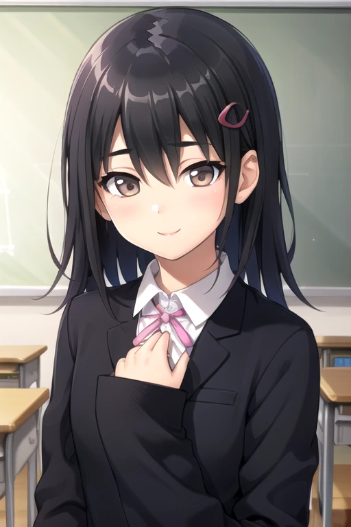 ((masterpiece)),(best quality),official art,extremely detailed CG,unity 8k wallpaper,ultra detailed,beautiful detailed eyes,extremely detailed face,classroom,1girl,solo,upper body,(portrait:1.5),looking at viewer,facing viewer,smile,(petite:1.3),Hinada Asami,long hair,black hair,hair ornament,sidelocks,hair between eyes,brown eyes,school uniform,blazer,black jacket,pink ribbon,white shirt,collared shirt,sleeves past wrists,long sleeves,medium breasts,black dress,pleated skirt,black socks,uwabaki,<lora:Hinada Asami(sk):0.9>,