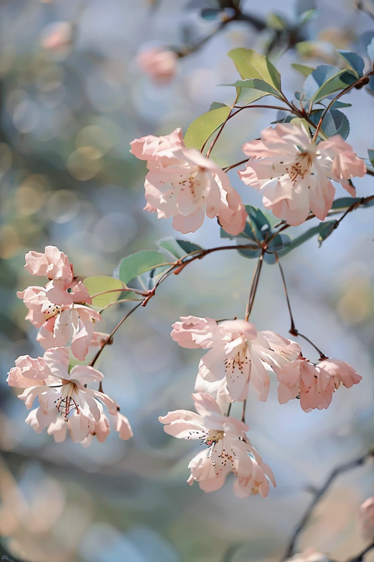 haitang, no humans, flower, branch, still life, tree, traditional media, scenery, leaf, pink flower, painting \(medium\),<lora:haitangsaibo:0.9>,
