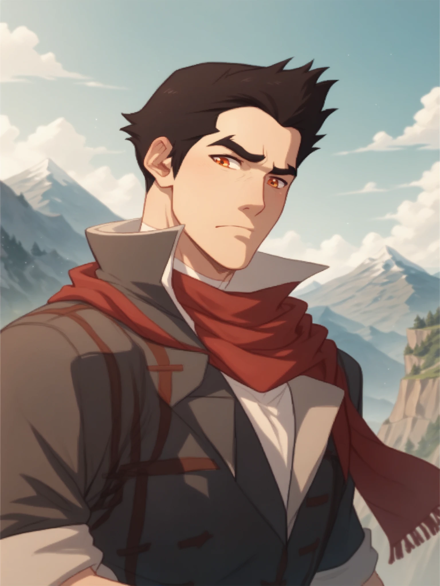 score_9, score_8_up, score_7_up, score_6_up, Mak0 man, black hair, orange eyes, red scarf, mountain background, <lora:Mak0-000002:1>