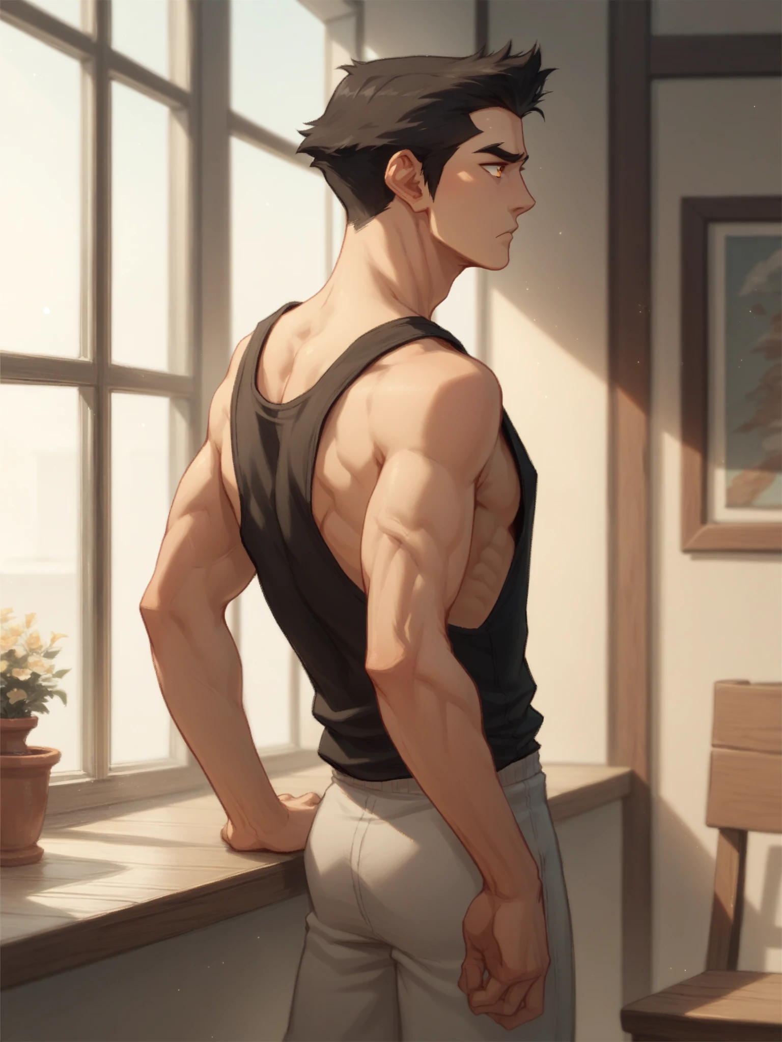 score_9, score_8_up, score_7_up, score_6_up, Mak0 man, black hair, orange eyes, wearing singlet, folded arms, looking away, inside, <lora:Mak0-000002:.9>