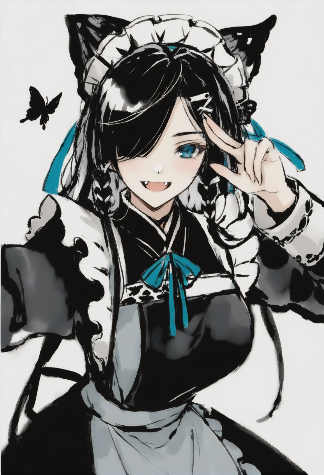 masterpiece, best quality, <lora:sd_xl_dpo_lora_v1-128dim:1>,solo, long sleeves, chinese clothes, white background, traditional media,hanfu,1girl, solo, long hair, black hair, maid, blue eyes, hair ornament, hair over one eye, maid headdress, ribbon, looking at viewer, upper body, smile, open mouth, fangs , breasts, hairclip, multicolored hair, neck ribbon, braid, apron, bangs, blush, dress , bug, butterfly, frills, blue ribbon, long sleeves, :d, black dress, black bow, white hair tie ,
<lora:inkXLlokr4fjru-000143:1>