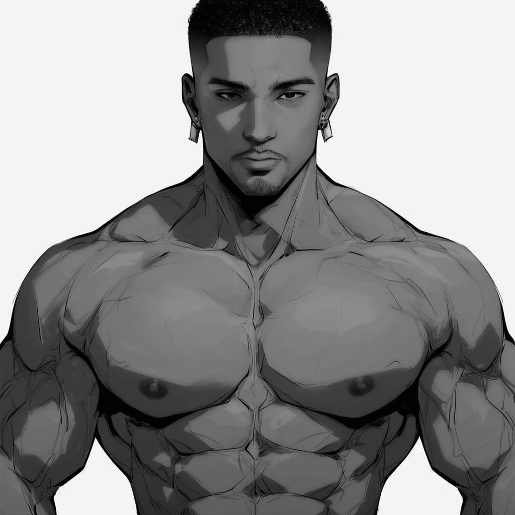 score_9, score_8_up, score_7_up, score_6_up, score_5_up, score_4_up, score_9, solo, looking at viewer, short hair, simple background, 1boy, white background, monochrome, greyscale, male focus, pants, dark skin, muscular, facial hair, abs, dark-skinned male, pectorals, muscular male, veins, topless male, very short hair, buzz cut